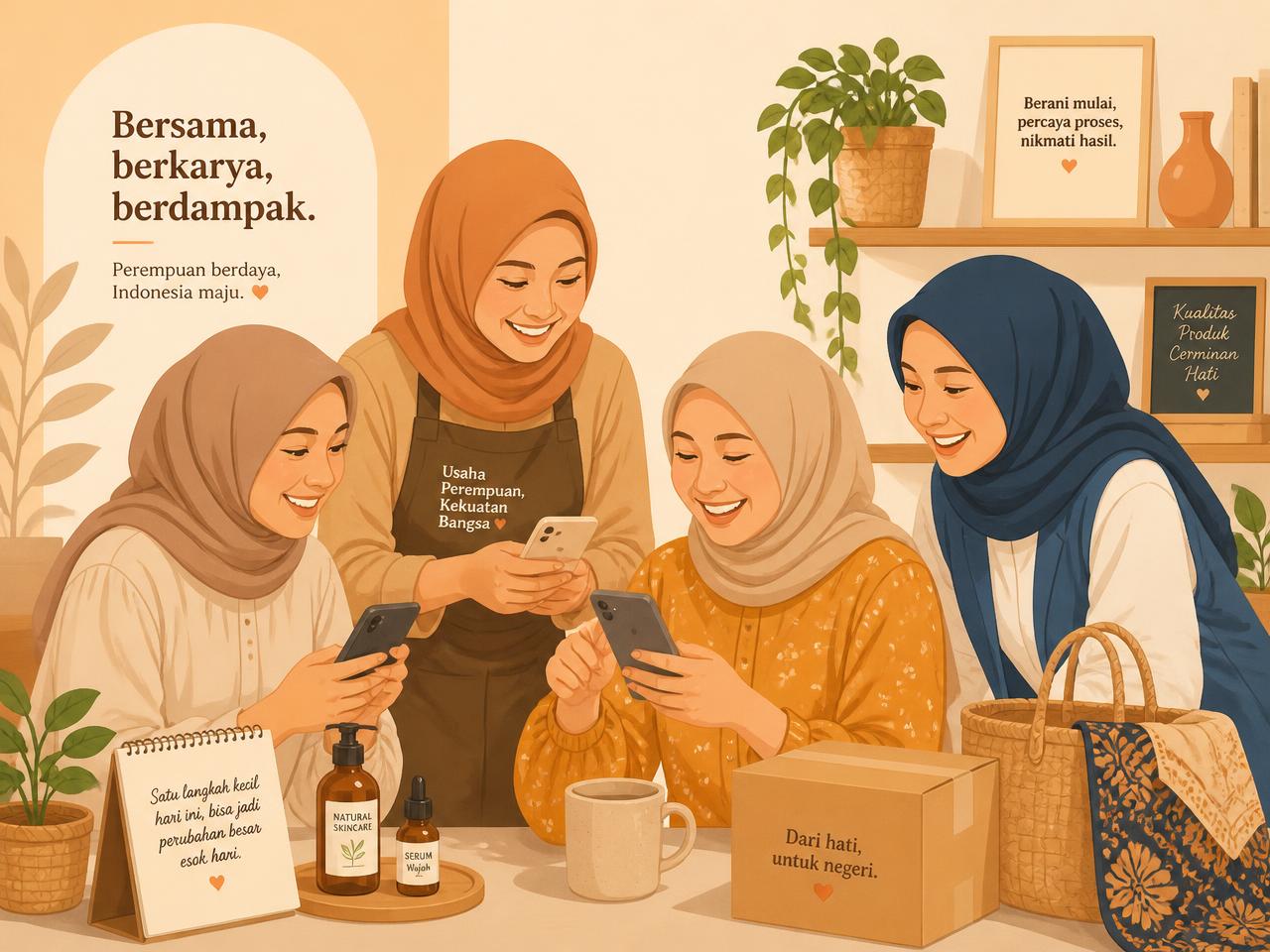 Para mitra UmmuSaf tersenyum sambil menggunakan aplikasi di ponsel